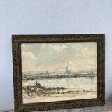 Watercolor old shore golden frame
