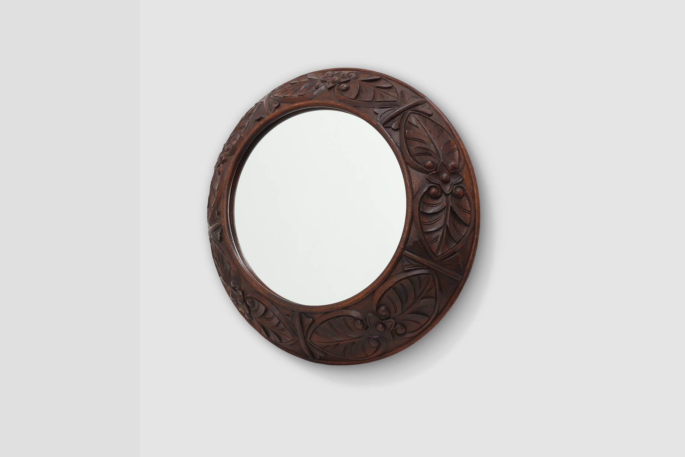 Large oak rustic wall mirror with floral carvings, France 1900s