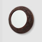 Grand miroir mural rustique en chêne avec sculptures florales, France années 1900