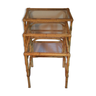 Set of three bamboo pull-out tables, 70s