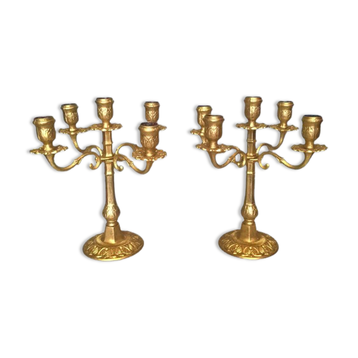 Pair of art-deco candlesticks five lights with removable light arms ~ golden regulates ~ 1930s