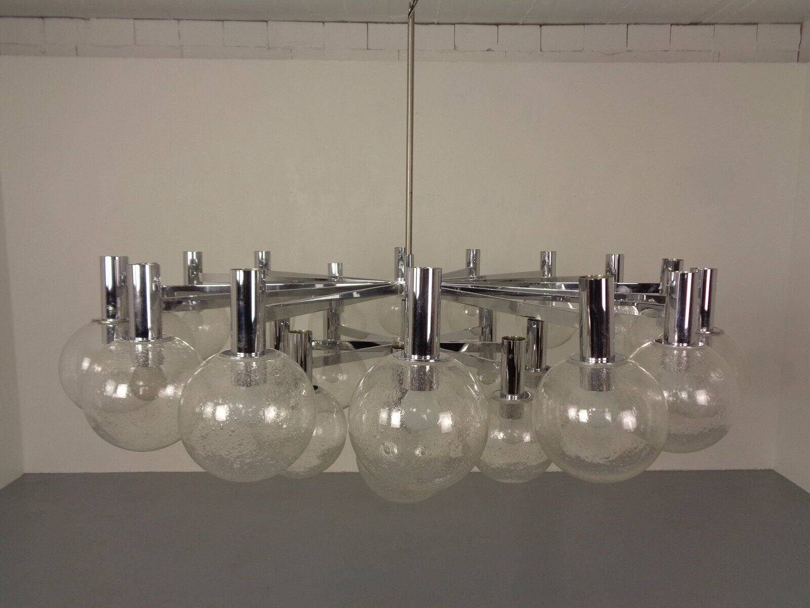 Large chromed spider Sputnik lamp with 24 hand-blown ice glass balls from Ott International, Germany, 1960s.