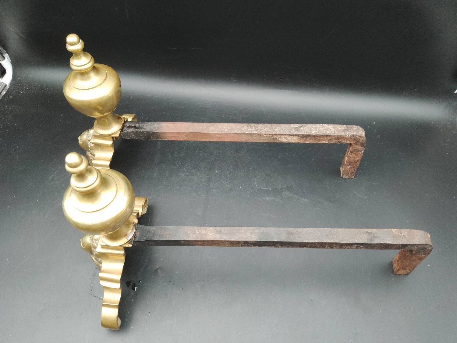 Pair of Fireplace Andirons in Brass Decor Cast Iron Marmousets Louis XIV Loft Style