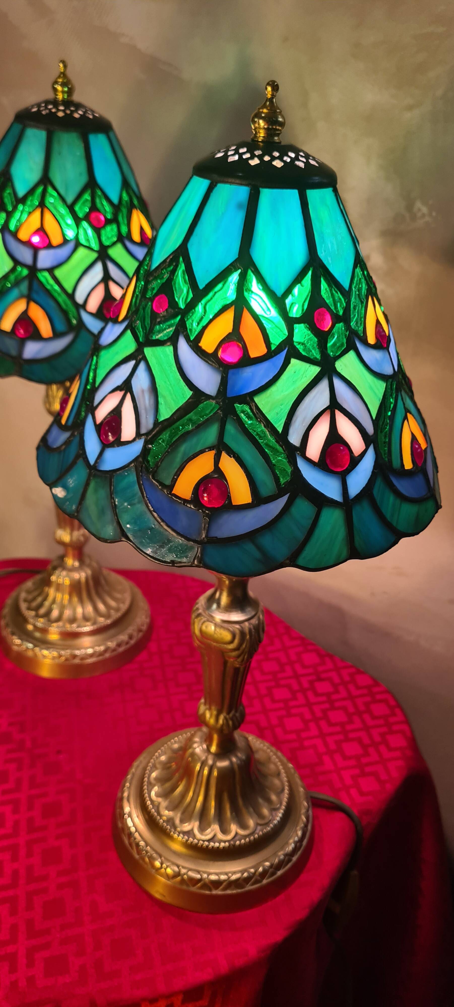 pair of antique bronze lamps, stained glass lampshades