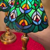 pair of antique bronze lamps, stained glass lampshades