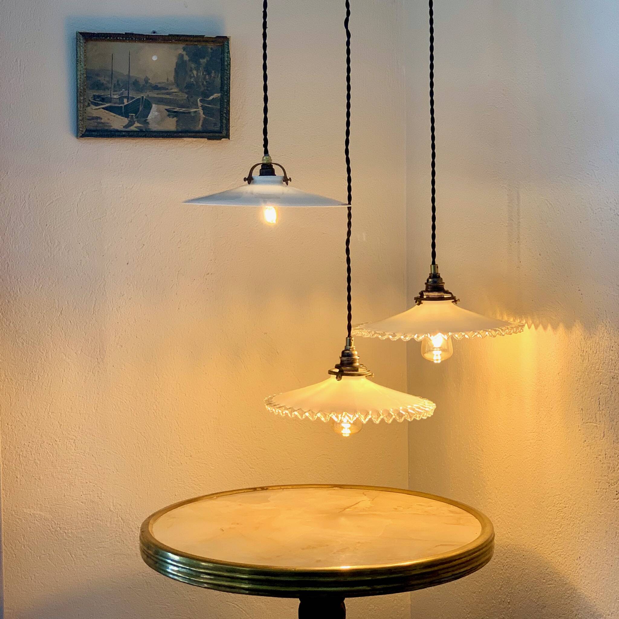 Pair of bistro pendant lights in serrated opaline
