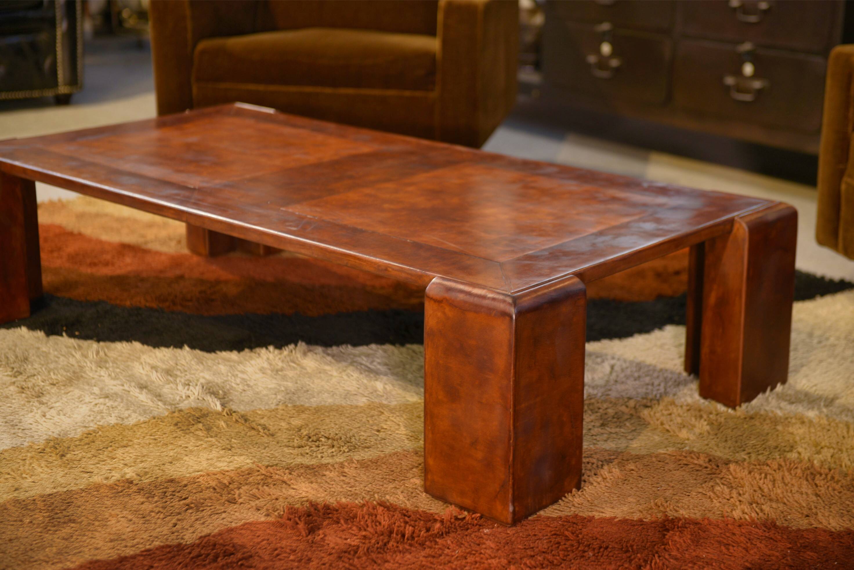 Patinated leather coffee table from the 1950s.