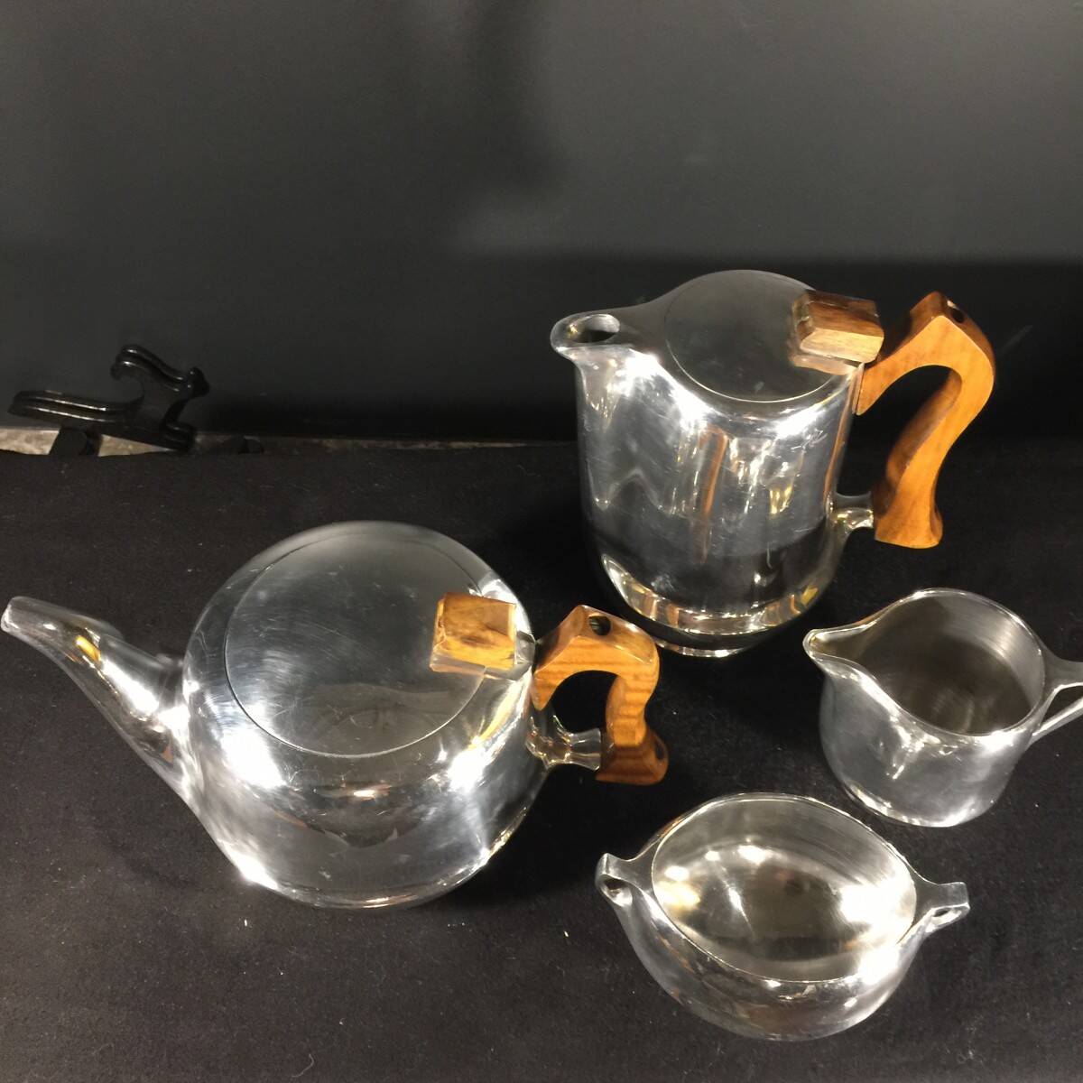 English Design Coffee and Tea Set, Picquot Ware, Brushed Aluminum, 1950