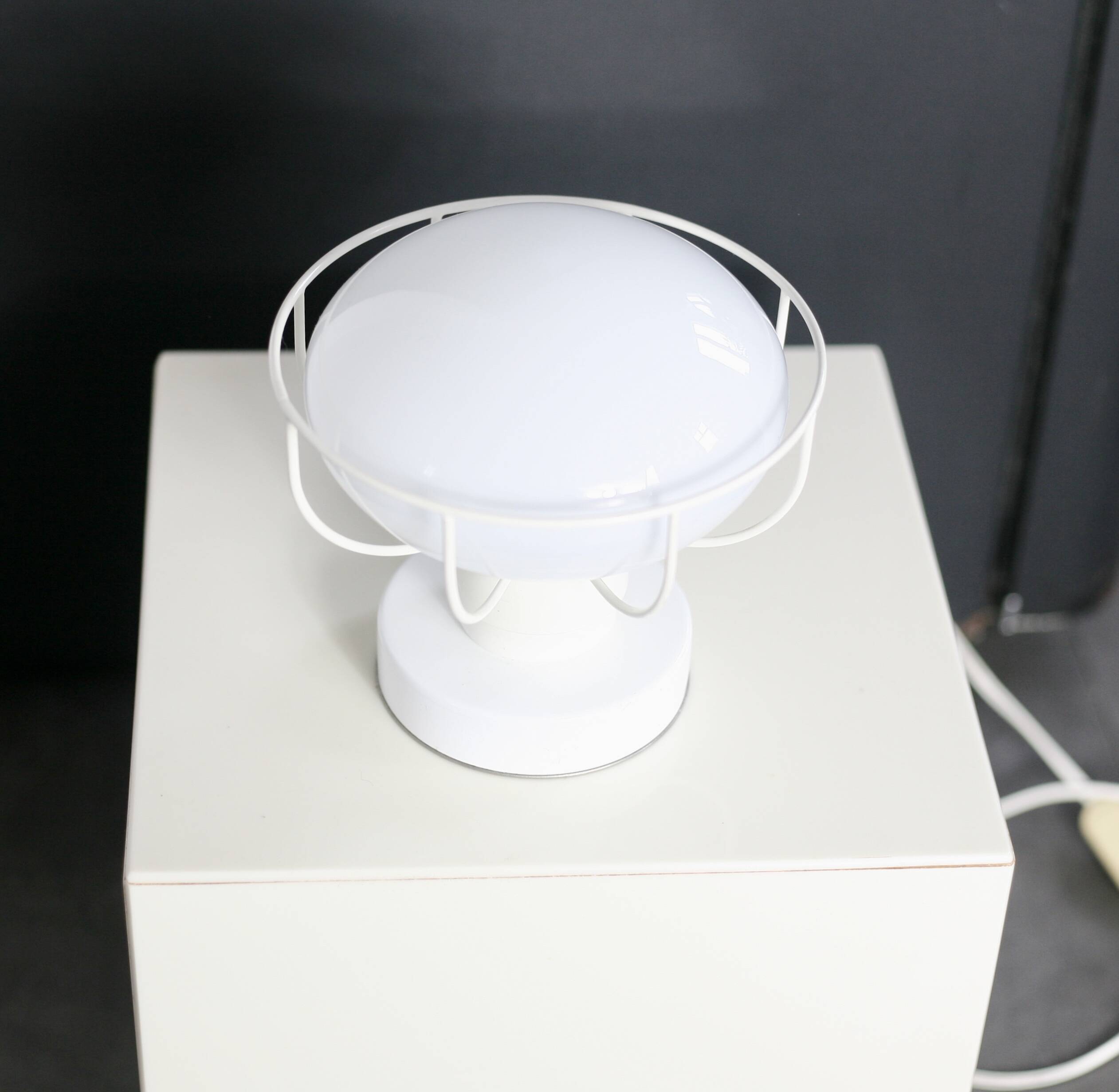 80s lamp, white lacquered metal and glass globe