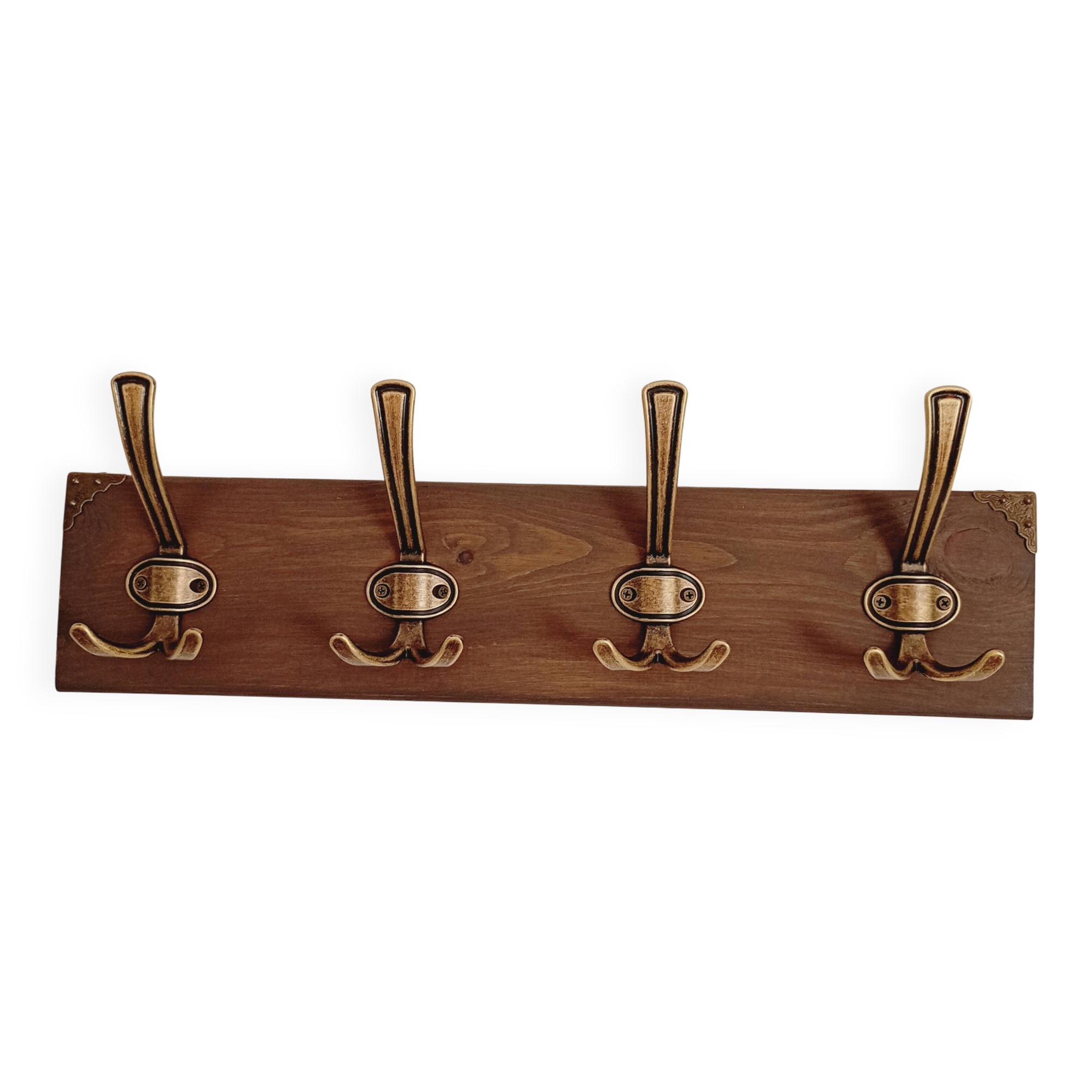 Rustic style wall coat rack – 50 cm – 4 metal hooks – Stained wood