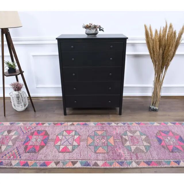 1970s Turkish Handmade Geometric Pink Wool Runner Rug 80x387
