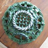 Antique woven basket in green glazed ceramic, fish decoration