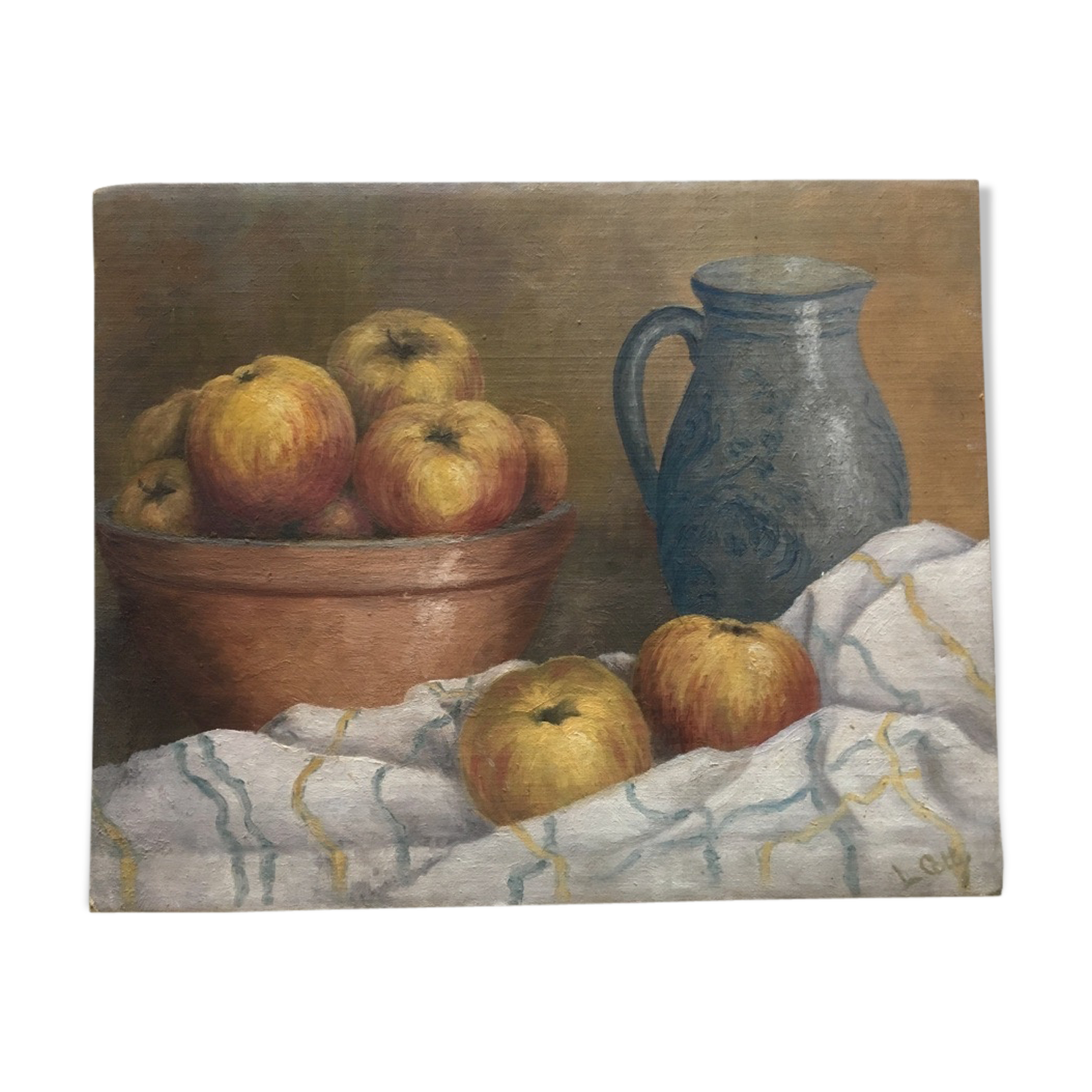 Oil on canvas still life Apple Jatte on kitchen table