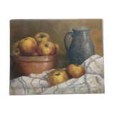 Oil on canvas still life Apple Jatte on kitchen table