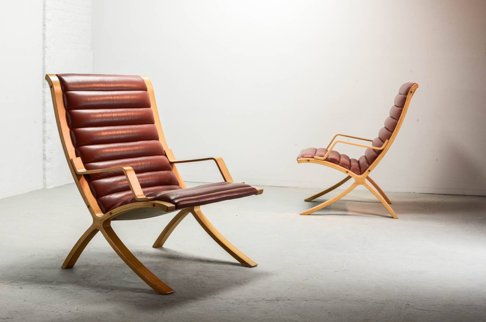 Padded Red Leather High Back AX Lounge Chairs by Hvidt and Molgaard Nielsen