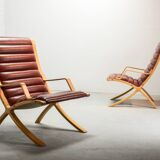 Padded Red Leather High Back AX Lounge Chairs by Hvidt and Molgaard Nielsen