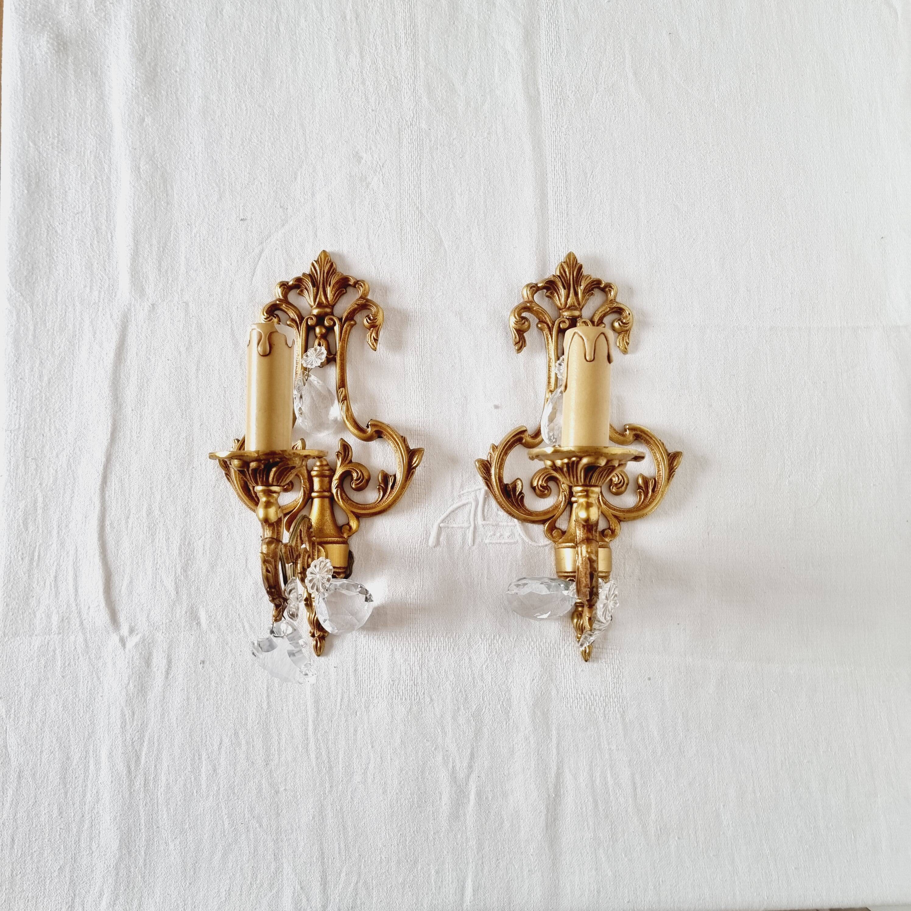 2 antique bronze and rock crystal candles and one light sconces in classic style