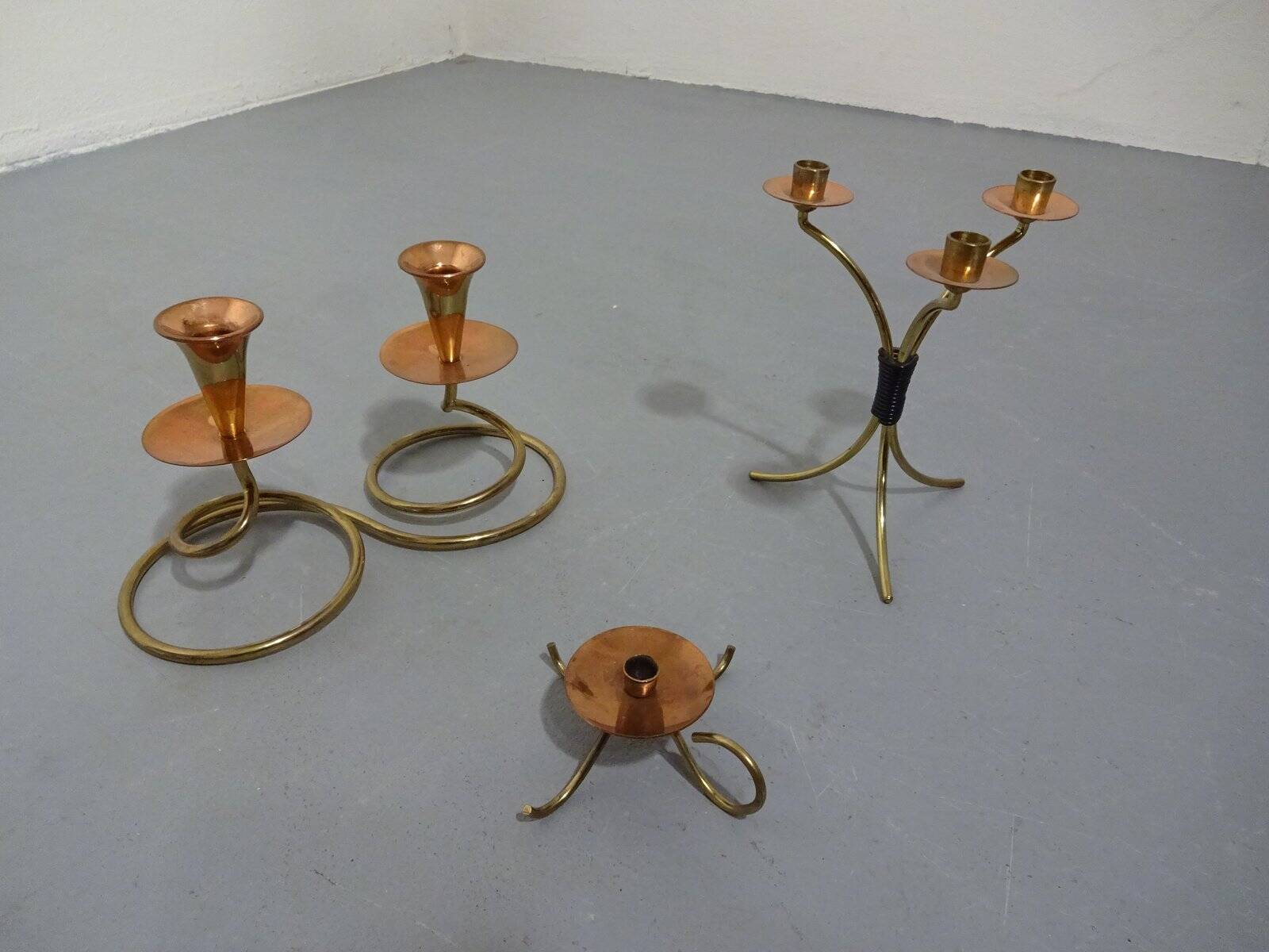 German filigree brass and copper candleholders, 1960s, set of 3