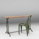 French bistro table with elegant metal base and oak top, ca. 1890