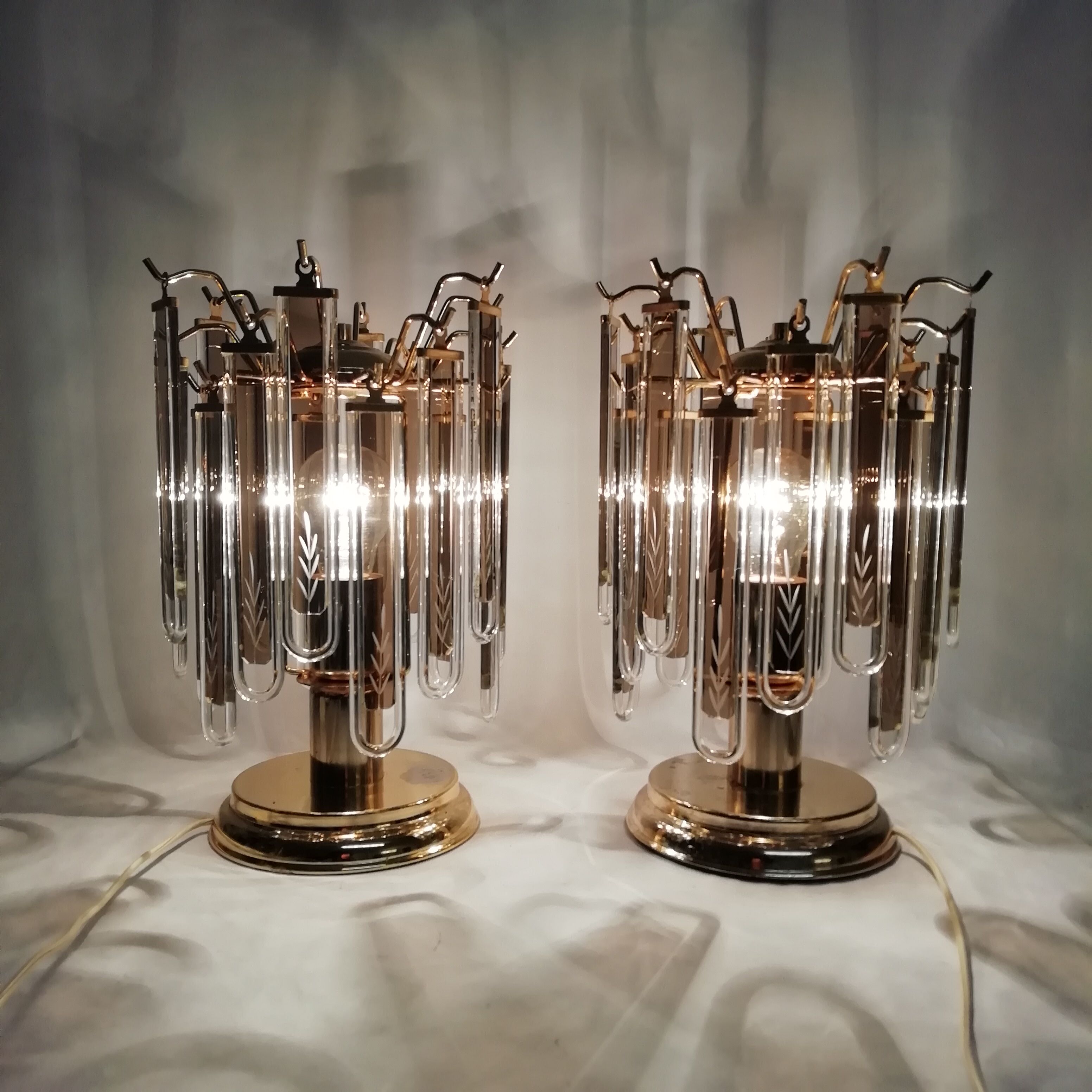 Pair of table lamps with rigid vertical crystals 1980
