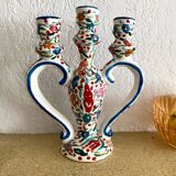 Three-branch candle holder in antique hand-painted ceramic