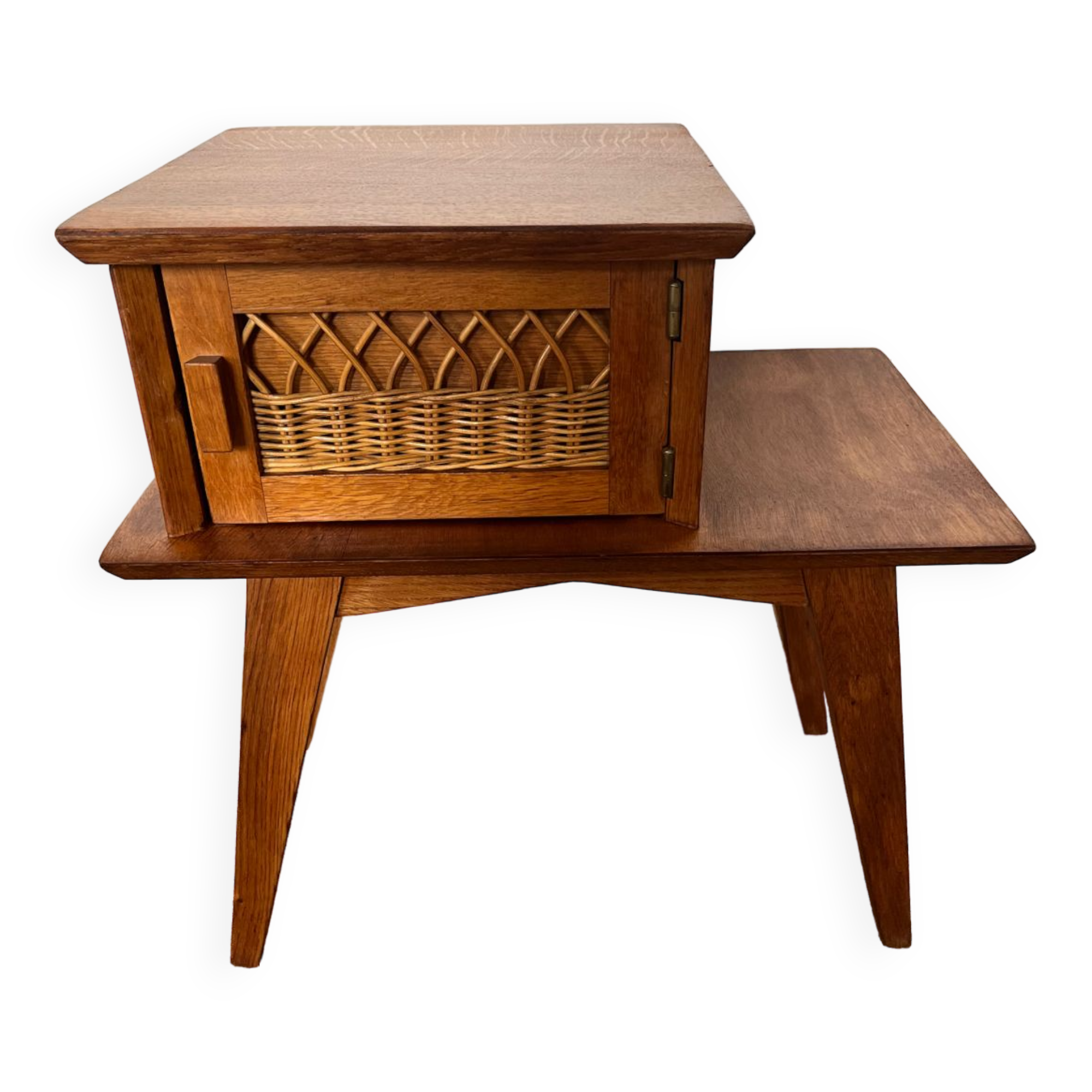 Table d’appoint table de chevet vintage bois pieds compas et rotin