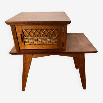 Table d’appoint table de chevet vintage bois pieds compas et rotin
