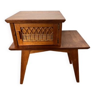 Side table bedside table vintage wood feet compass and rattan
