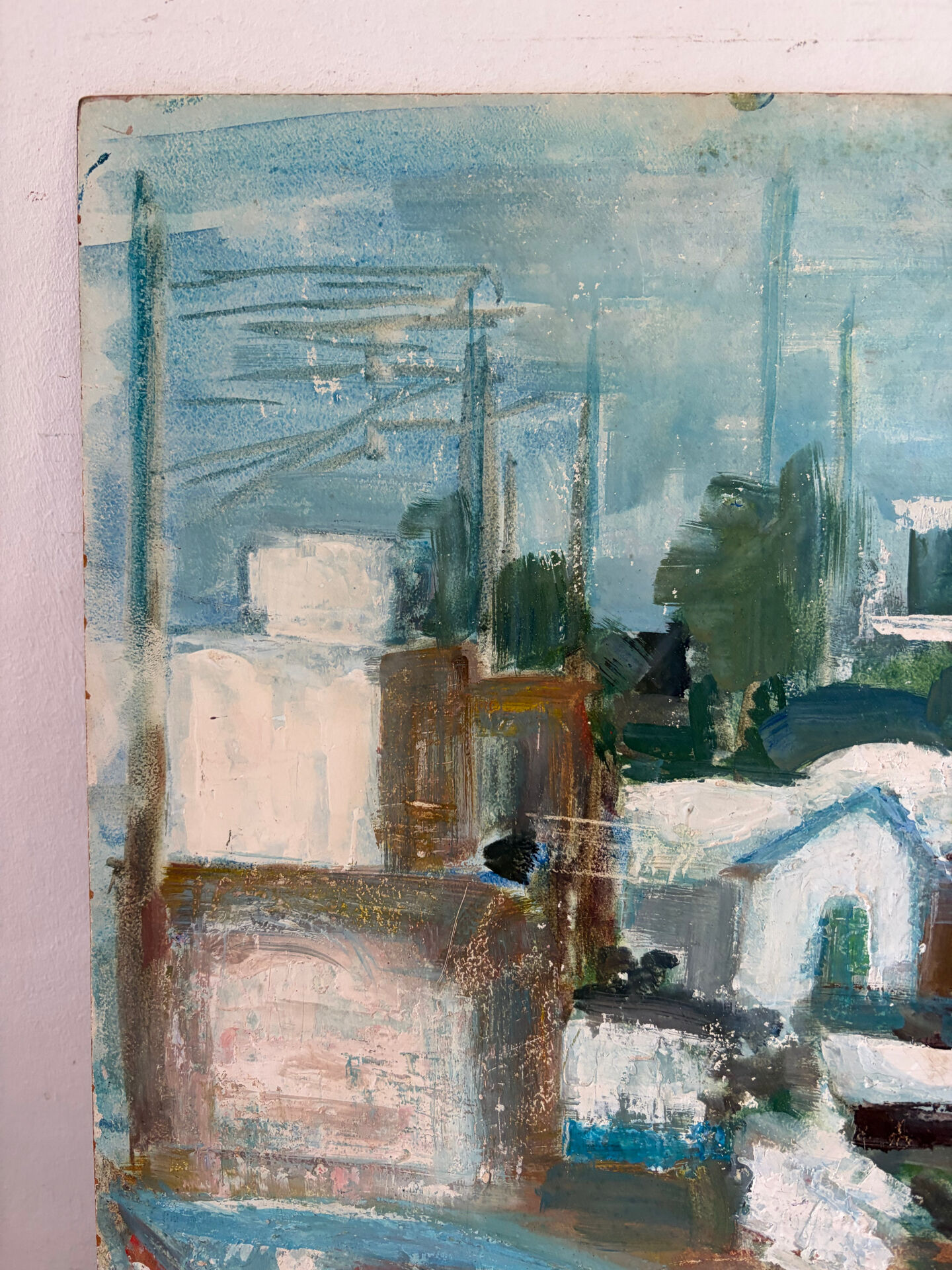 Village by the water, oil on panel signed Morabia.