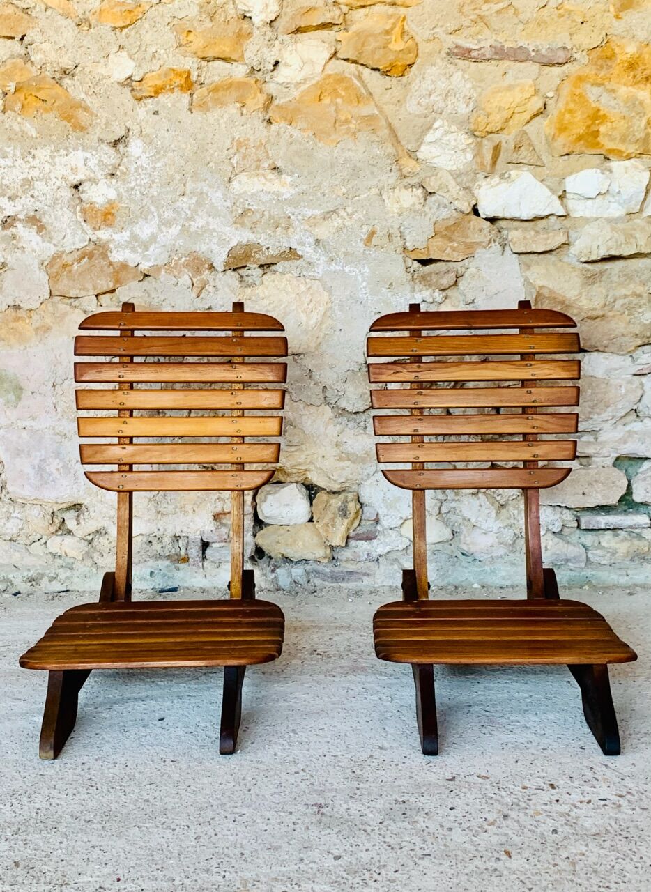 Pair of vintage folding chairs with slats, 1950-1960