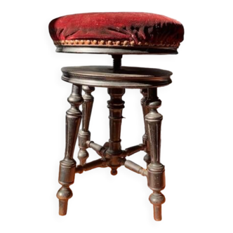Antique piano stool in blackened wood and red velvet, 19th century