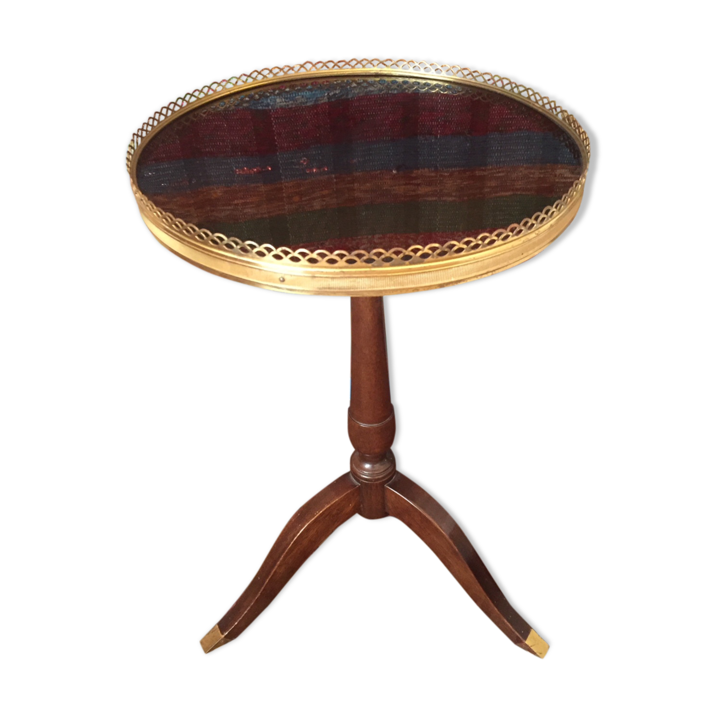 Cherry and brass pedestal side table