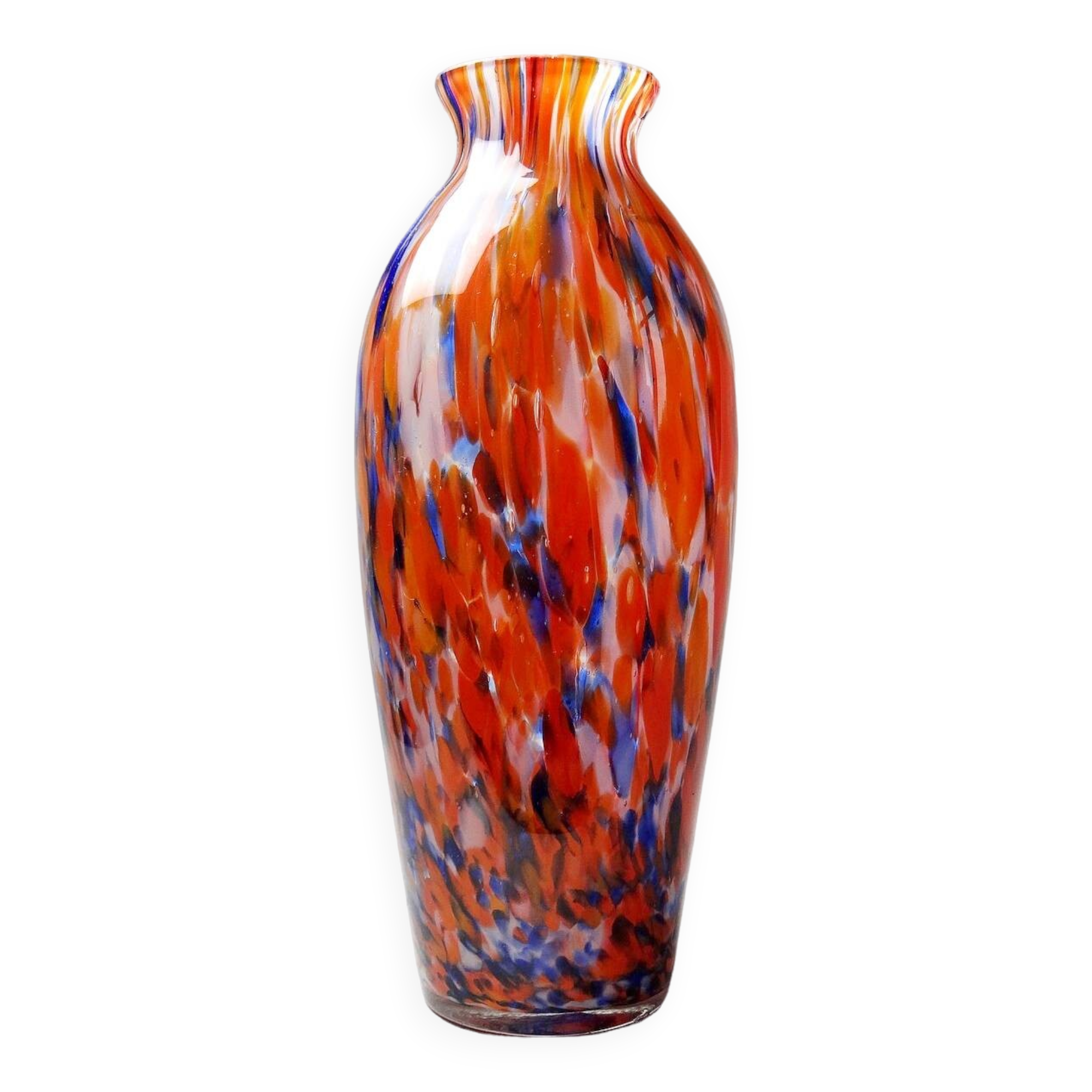 Small antique art deco cobalt orange speckled glass paste vase