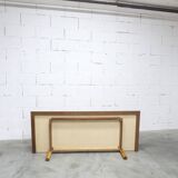 French wardrobe with tapered legs, 3 doors, 1 mirror (27*130), and 1 drawer.