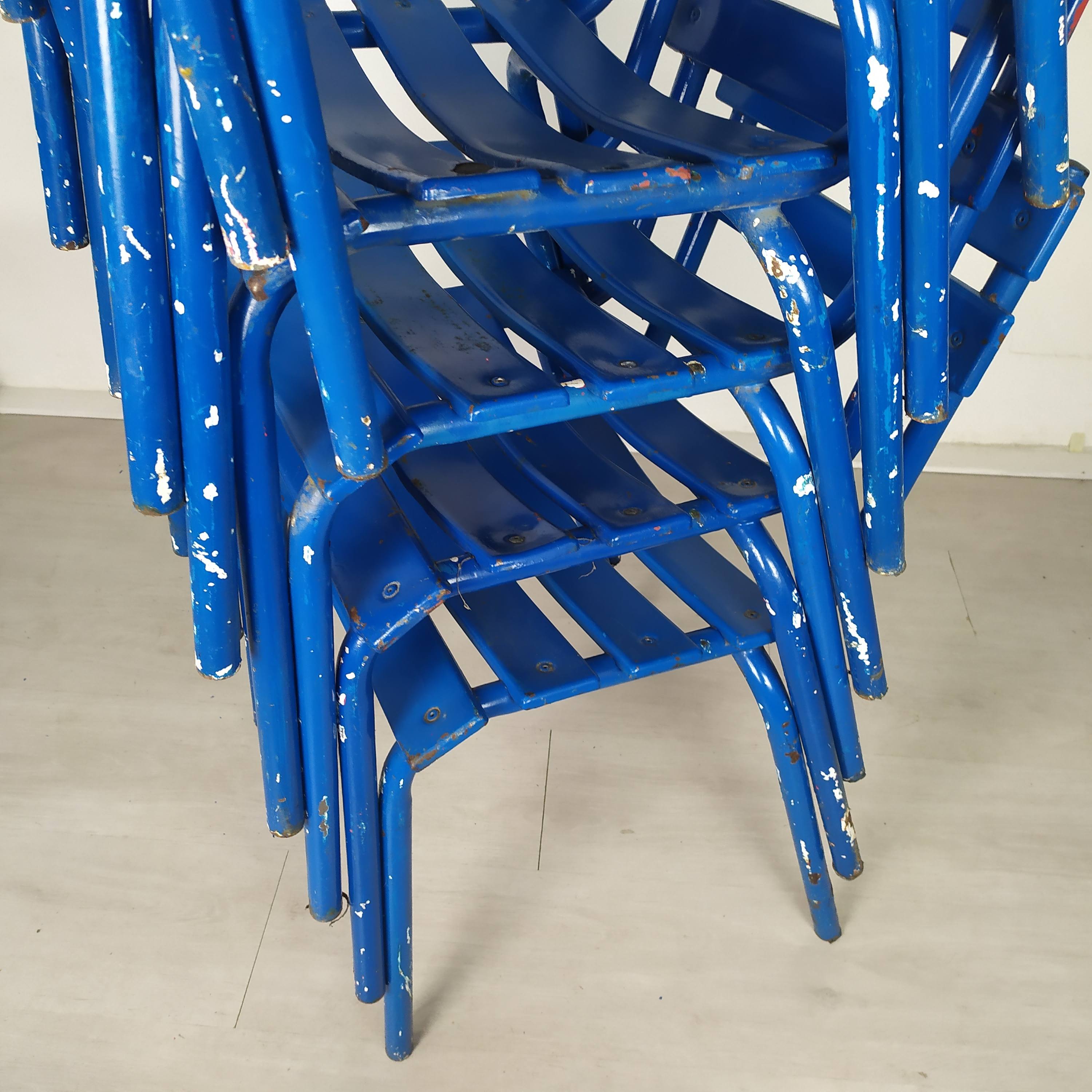 14 blue metal bistro chairs
