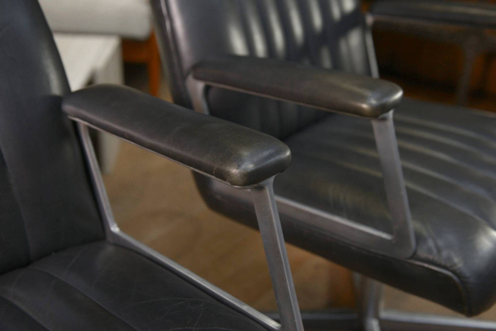 Set of 3 designer swivel metal leather office armchairs 1970