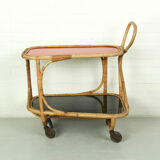 Bamboo Bar Cart Tea Trolley with black and red shelf, 1940s
