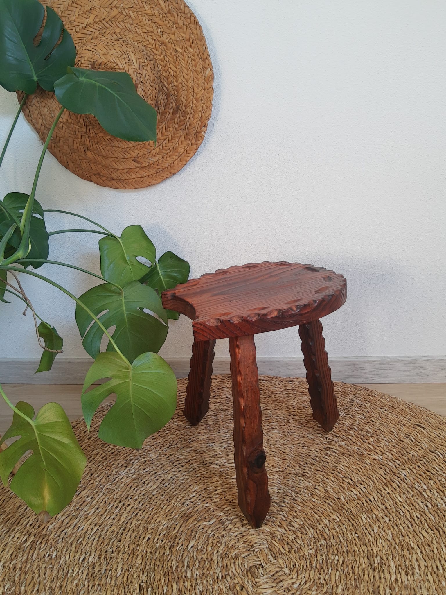 Wooden tripod brutalist farm stool vintage