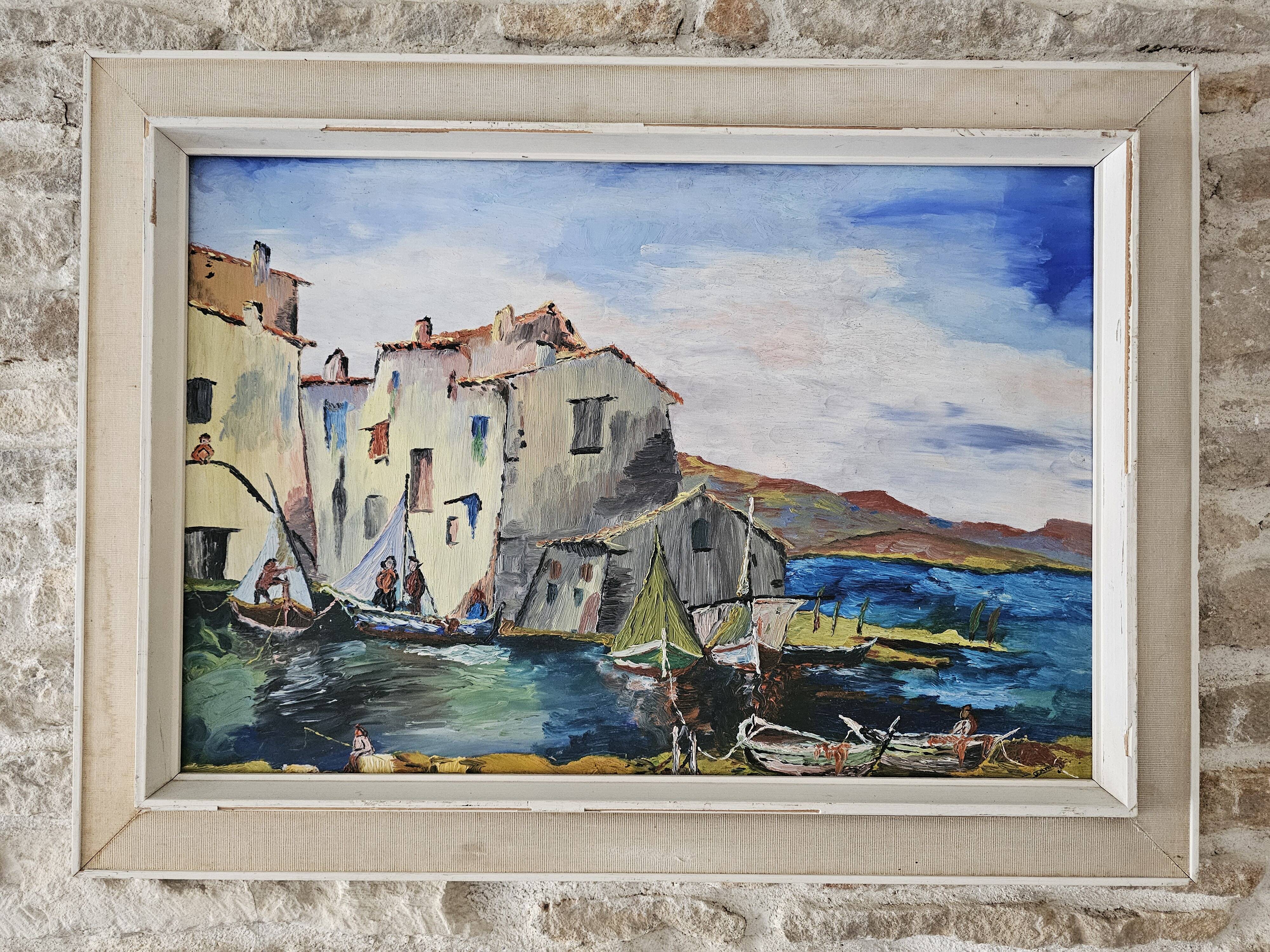 Oil painting on Isorel Marine Port Les Martigues signed (to be identified)