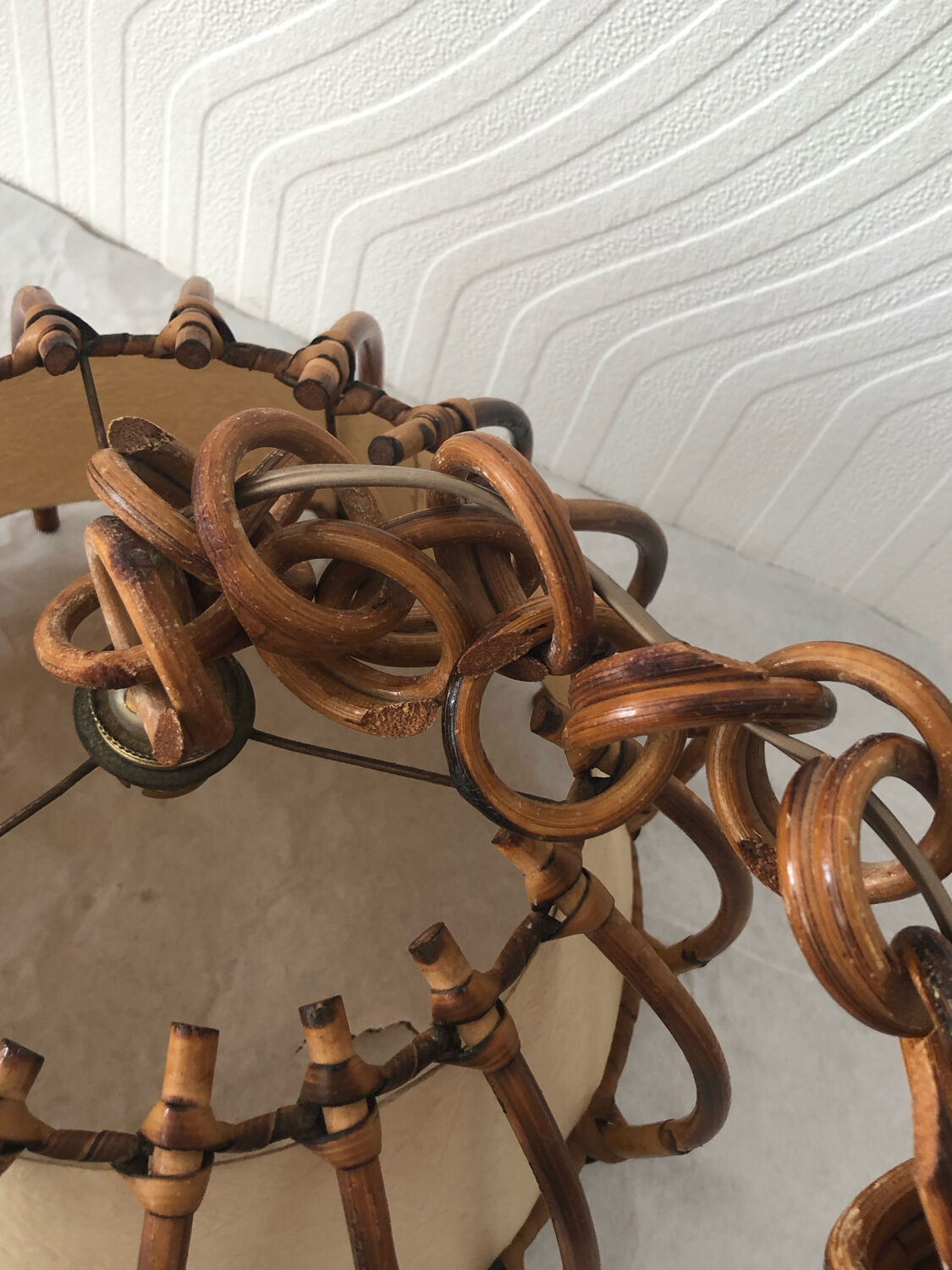 Vintage rattan pendant lamp with paper lampshade