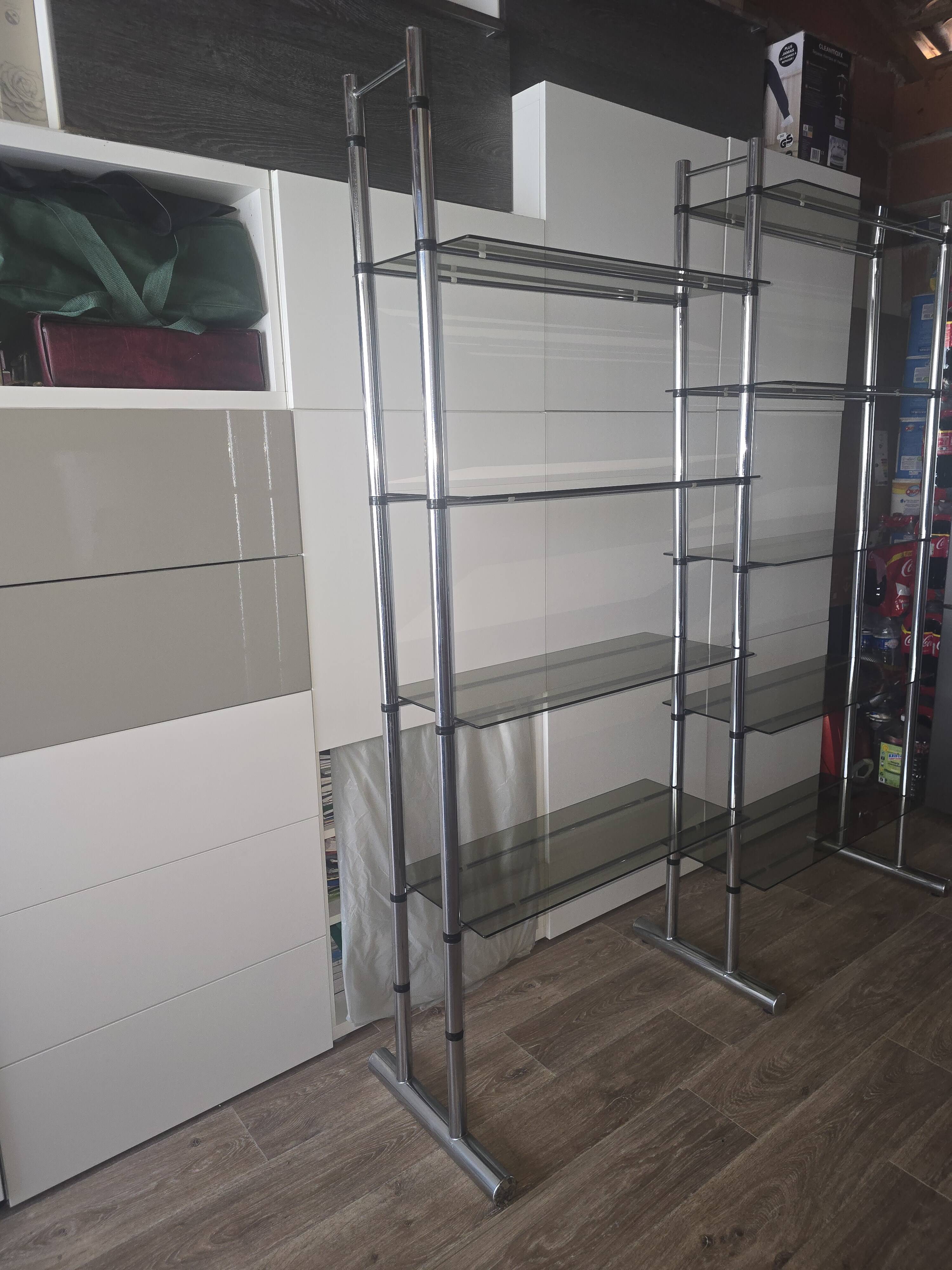 Large vintage double bookshelf from the 70s with chrome and smoked glass.