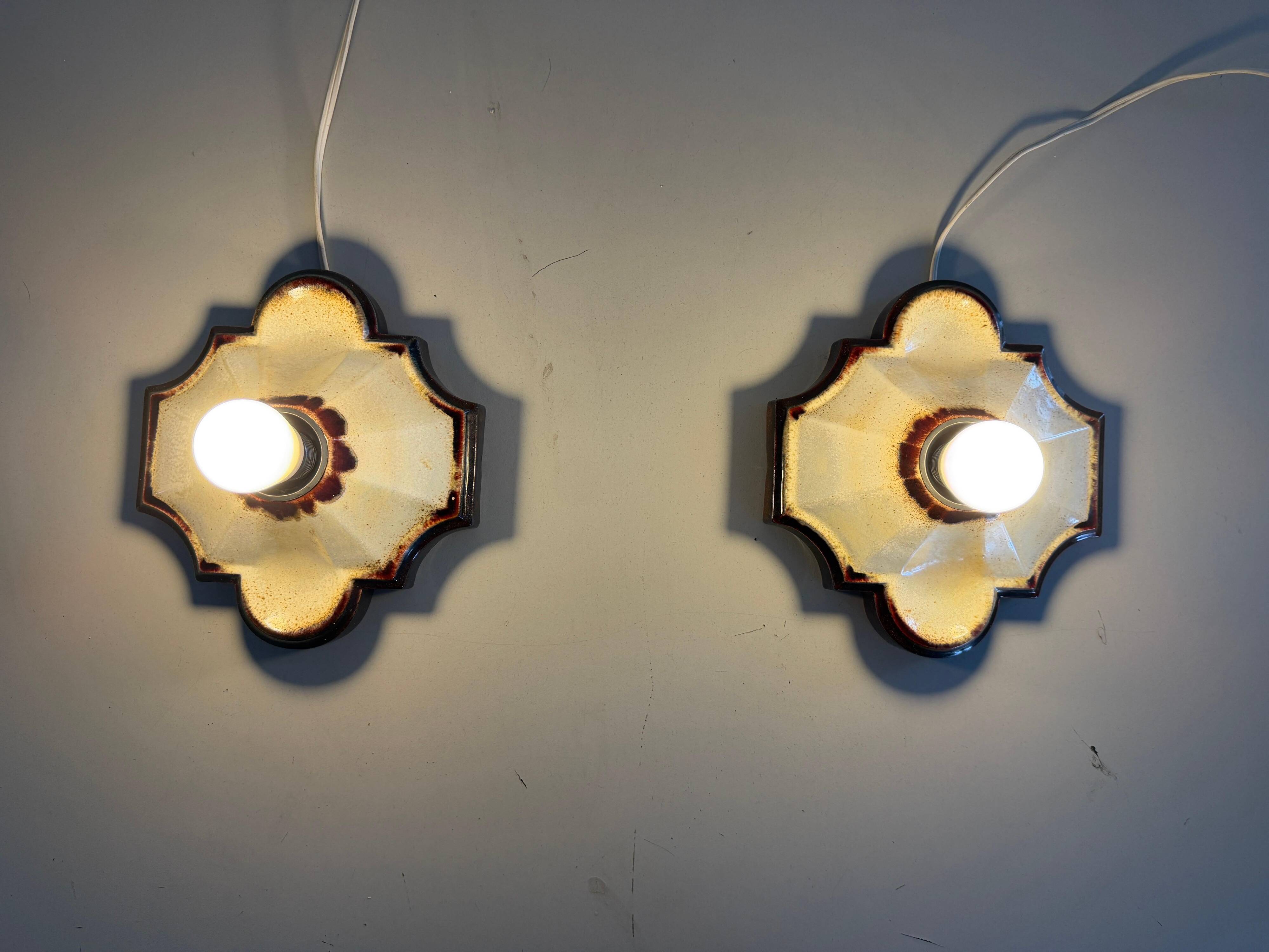 Pair of brown and cream ceramic wall lights by PAN Leuchten, 1970 Germany