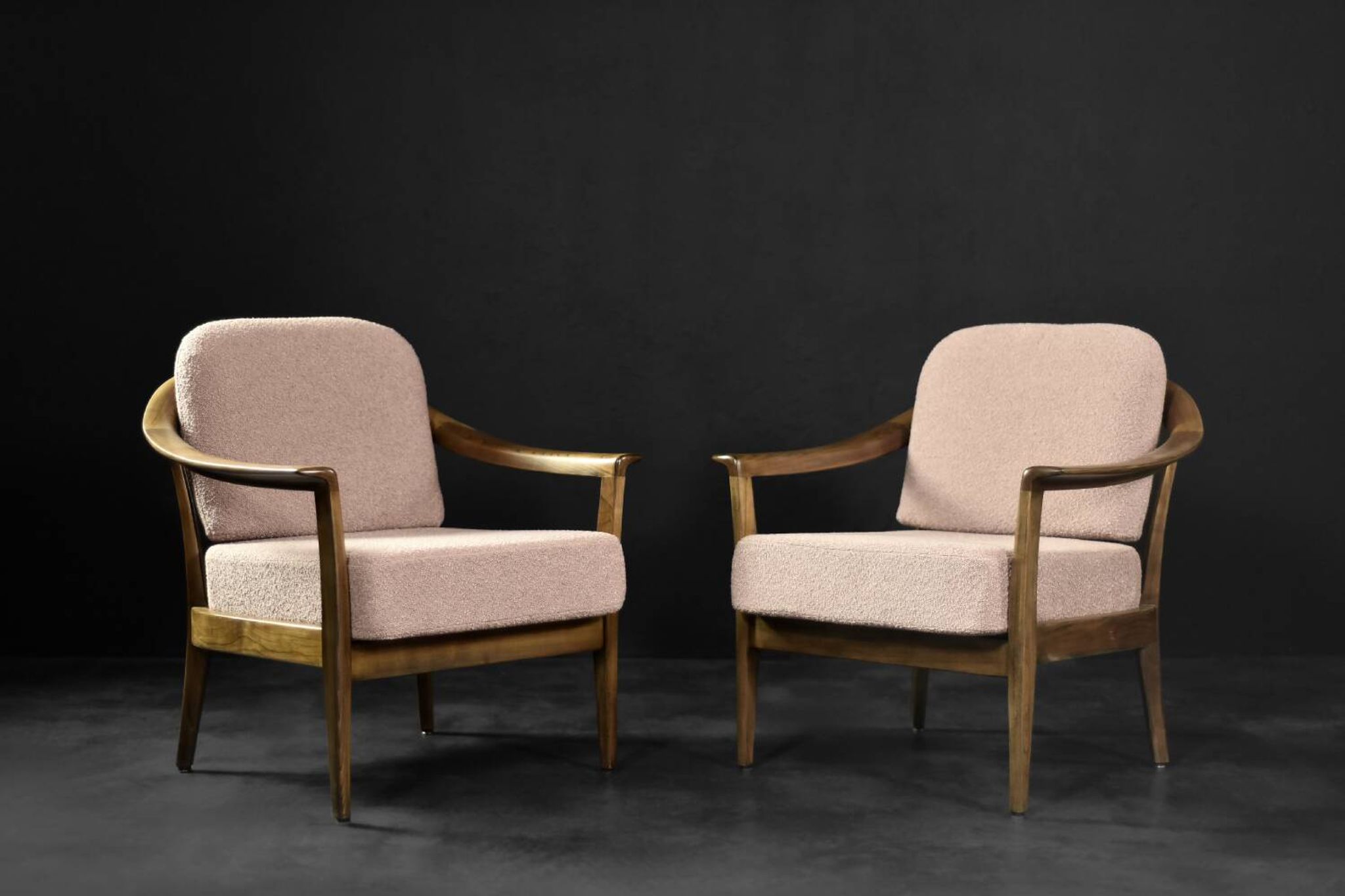 Pair of Mid-Century German Elegant Cherry Wood and Dusty Pink Fabric Armchairs