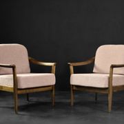 Pair of Mid-Century German Elegant Cherry Wood and Dusty Pink Fabric Armchairs