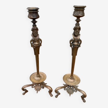 Pair of bronze candlesticks / candlesticks signed barbedienne