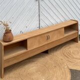Vintage TV cabinet in raw wood with sliding doors