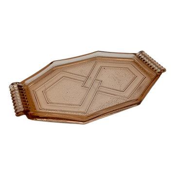 Plateau art déco en verre rose avec poignée
