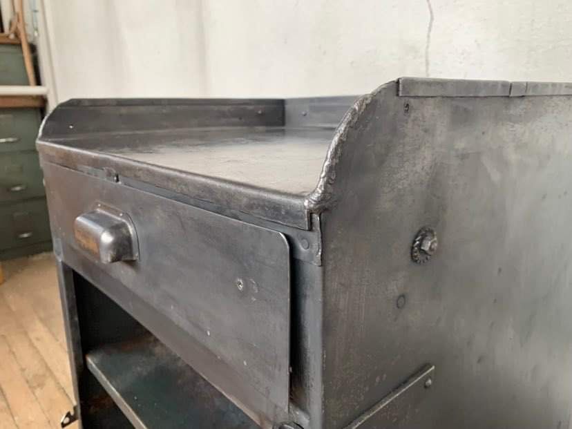 Old Industrial workshop furniture with 1 door 1 drawer in patinated iron