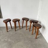 Set of 5 olive tree tripod stools from the 50s