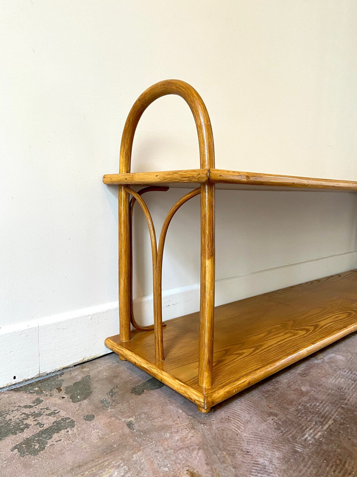 Wall shelf in light wood and rattan 1960s